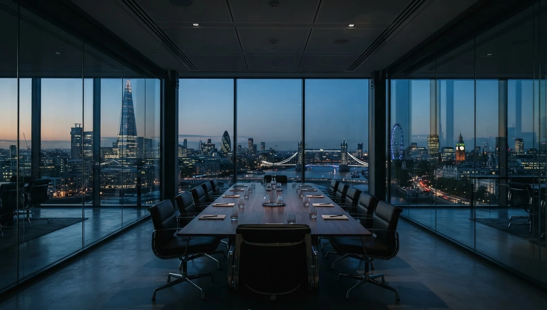 Modern glass-walled boardroom overlooking the London skyline